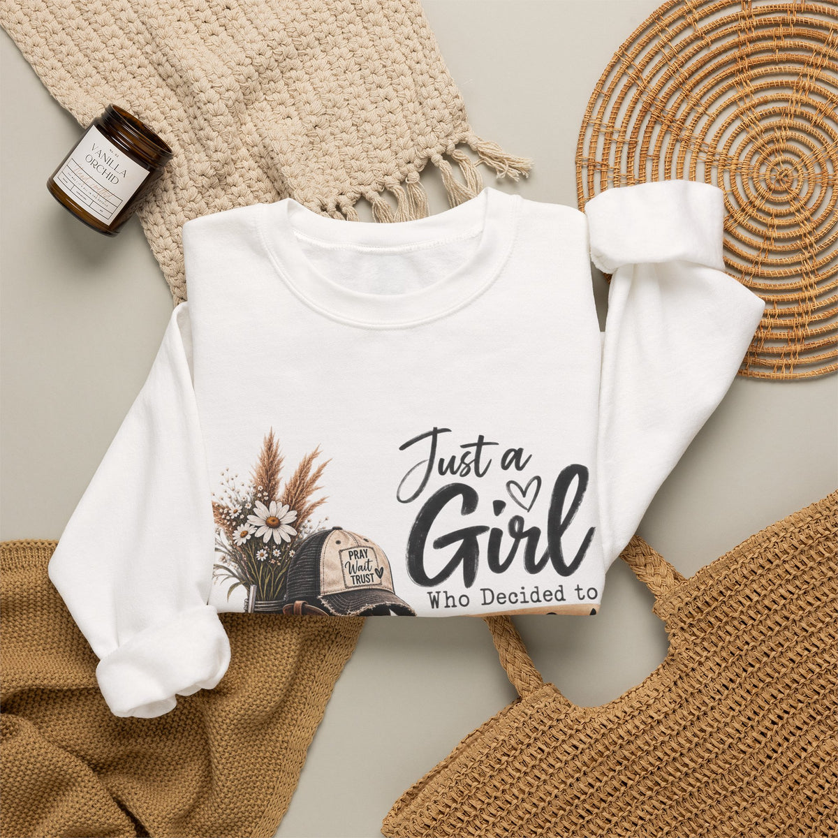 Just a Girl Who Decided to Trust God Crewneck Sweatshirt — Christian Faith Western Graphic