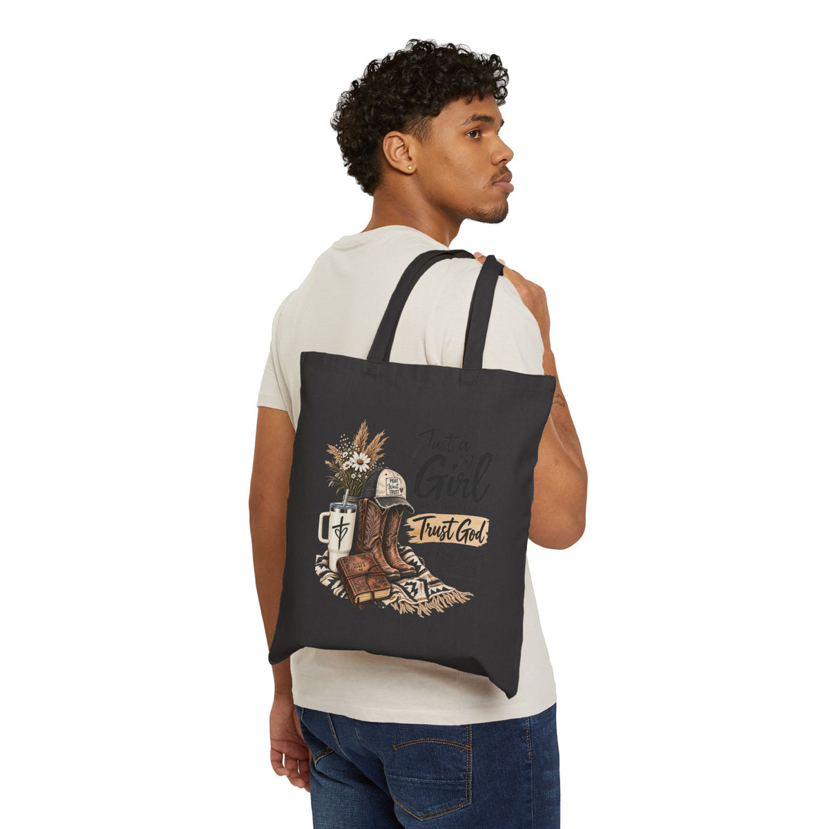 Canvas Tote — “Just a Girl Who Decided to Trust God” Faith Cowgirl Tote