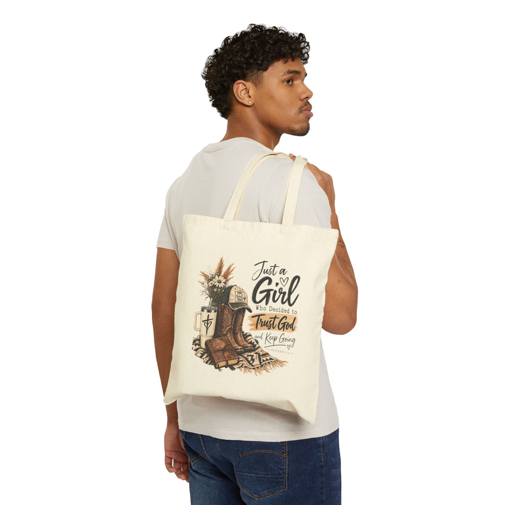 Canvas Tote — “Just a Girl Who Decided to Trust God” Faith Cowgirl Tote