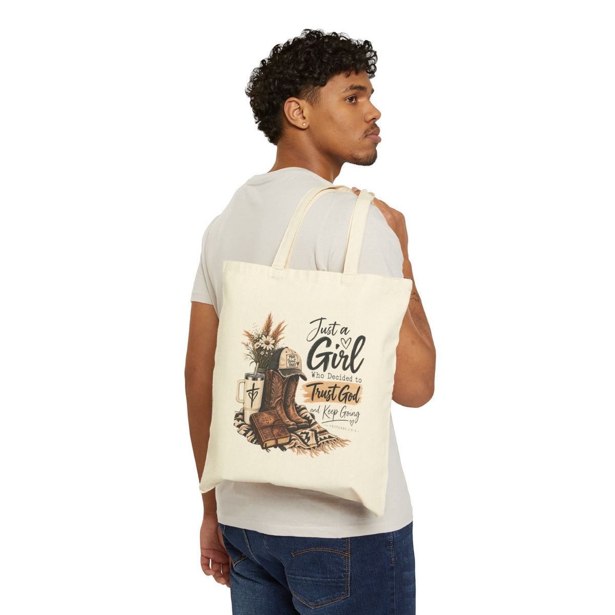 Canvas Tote — “Just a Girl Who Decided to Trust God” Faith Cowgirl Tote