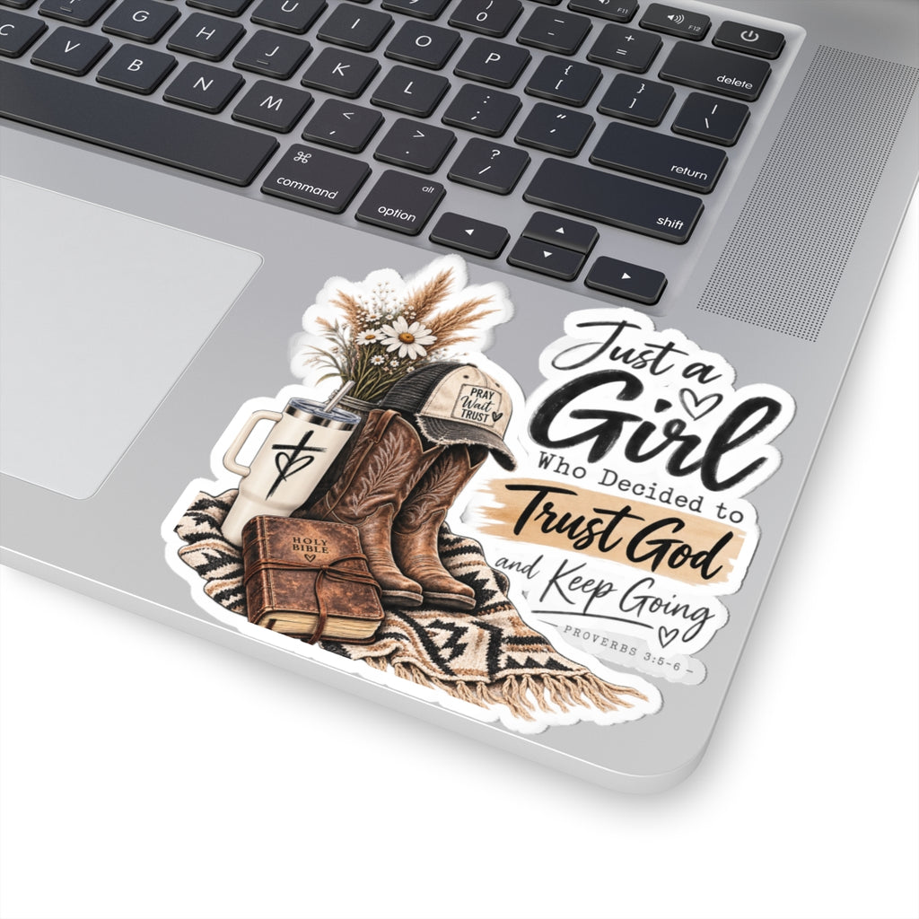 Christian Cowgirl Sticker — "Just a Girl Who Decided to Trust God" Kiss-Cut Sticker